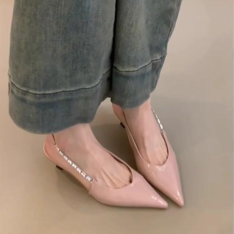 Sheepskin Version~ Gentle Temperament Shallow Mouth Back Strap Rhinestone High Heels Women's Simple Back Empty Tip with Skirt Sandals