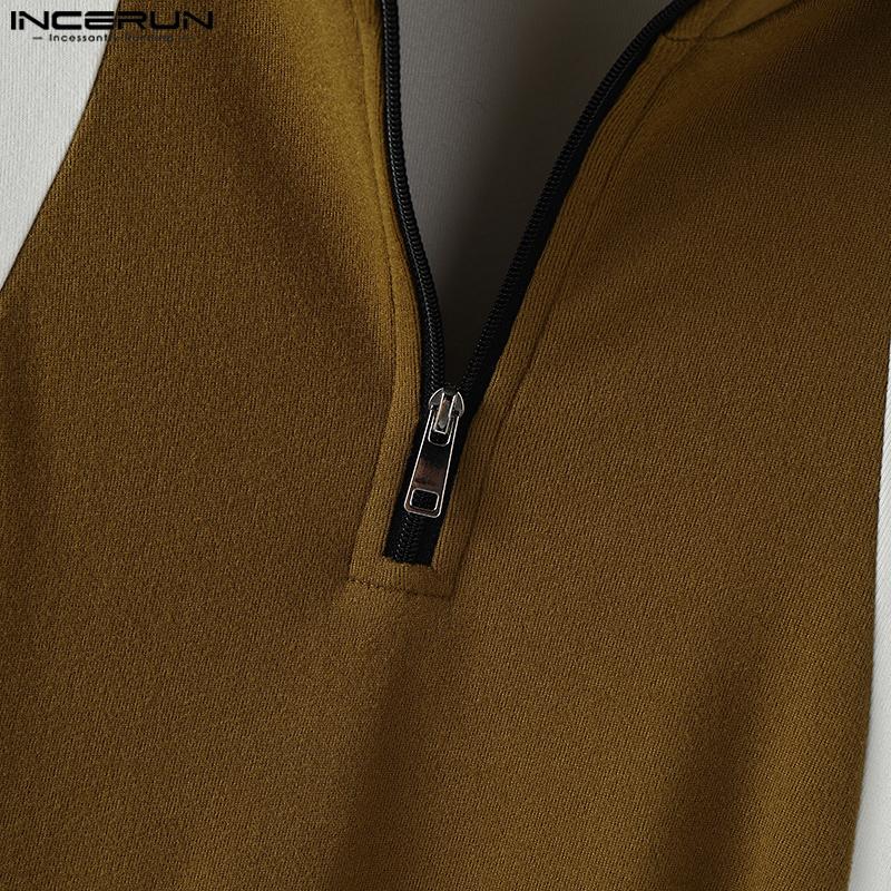 INCERUN Men Mockneck Long Sleeve Patchwork Zipper Casual Fitted Pullover Tops