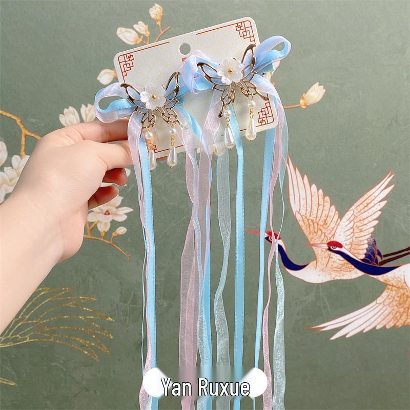 Children's Hanfu Hair Accessories: Fairy Butterfly Tassel Headdress & Ribbon Hairpin Set