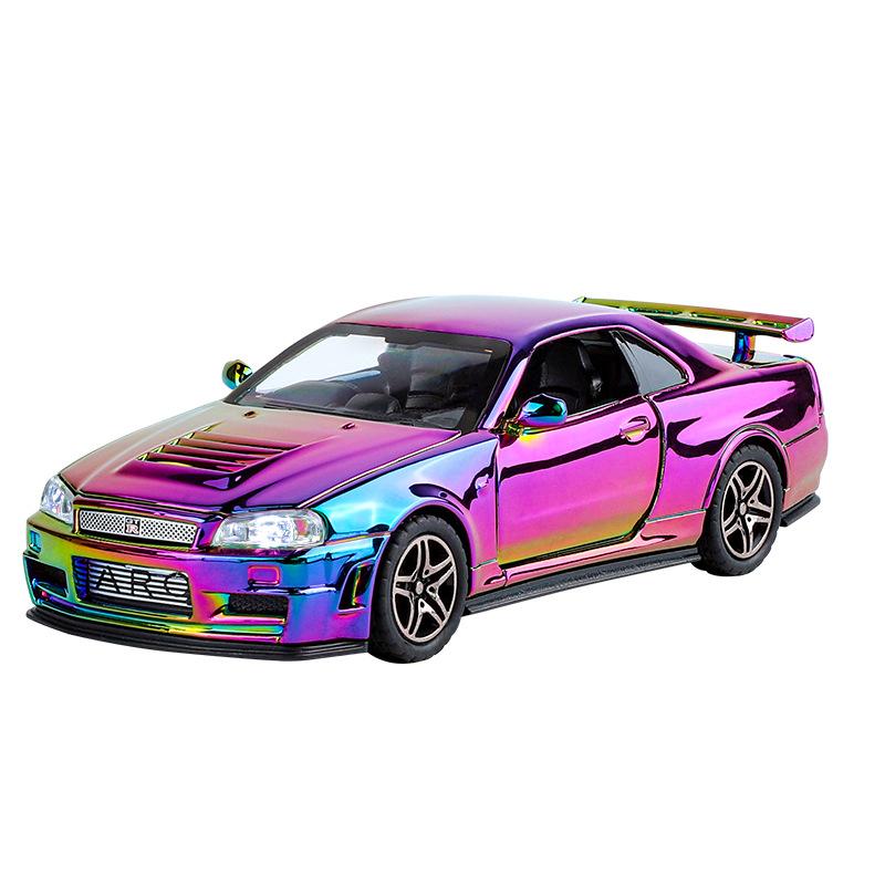 Galvanisiertes 1/32 Nissan Skyline GTR-R34 Sportwagenmodell Sound Licht Diecast Spielzeugfahrzeug Kinder Jungen Geschenk Miniaturauto violett