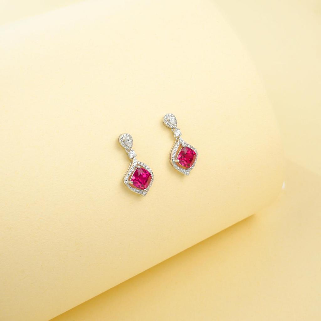 European S925 Sterling Silver Pillow-Shaped Ruby & Diamond Earrings with Pavé Gemstones - Women's Wedding Gift