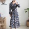 Ženy Podzim Jaro Modré Květinové Dlouhé šaty s výstřihem do V Dlouhé šaty Neformální Elegantní Šaty s potiskem Florla
