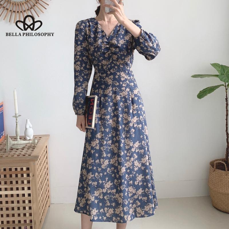 Ženy Podzim Jaro Modré Květinové Dlouhé šaty s výstřihem do V Dlouhé šaty Neformální Elegantní Šaty s potiskem Florla