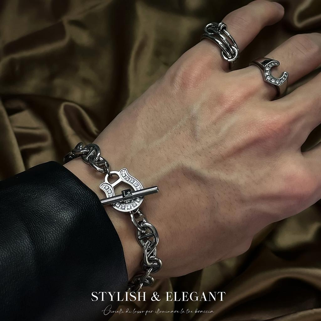 [Lucliss] Horseshoe Anchor Chain Bracelet, Zirconia, Surgical Stainless Steel 316L, Silver