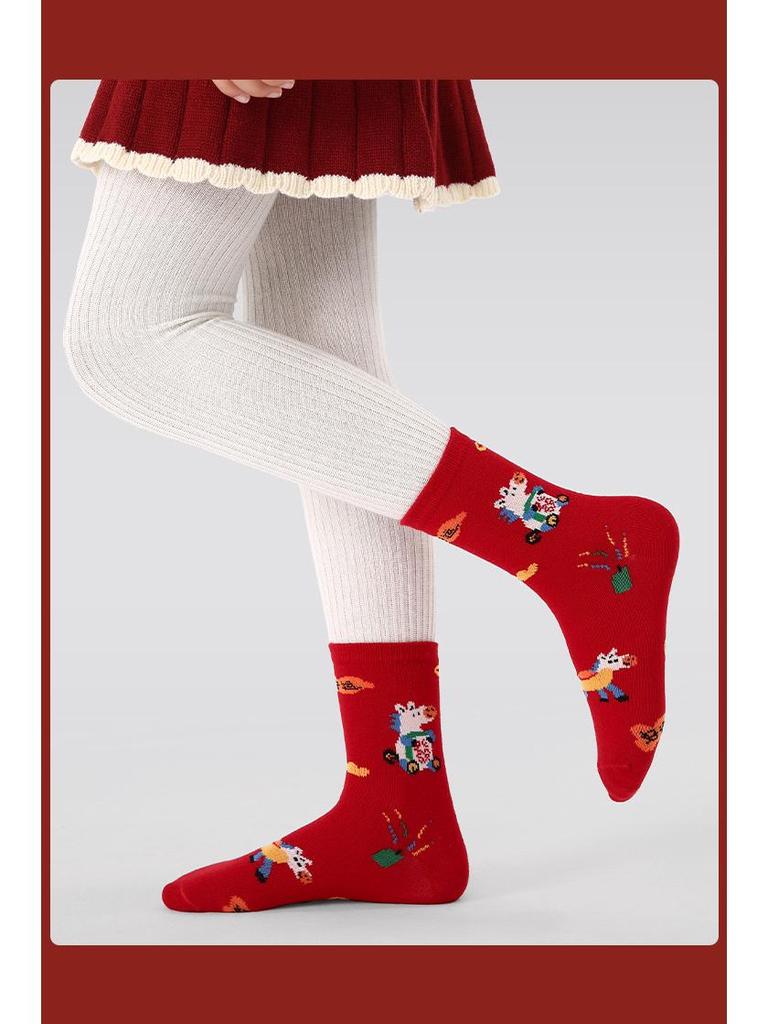 At Yılı Çocuk Kırmızı Çorapları - 1958 Dikişsiz Karikatür Pamuklu Büyük Çocuklar İçin Şans Yeni Yıl