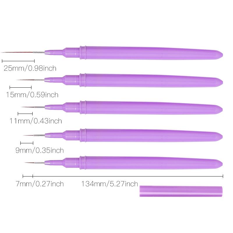 Japanese Ultra-Fine Nail Art Brush Set: 5-Piece Liner Brushes for Color Painting and Flower Designs with Gel Nail Precision.
