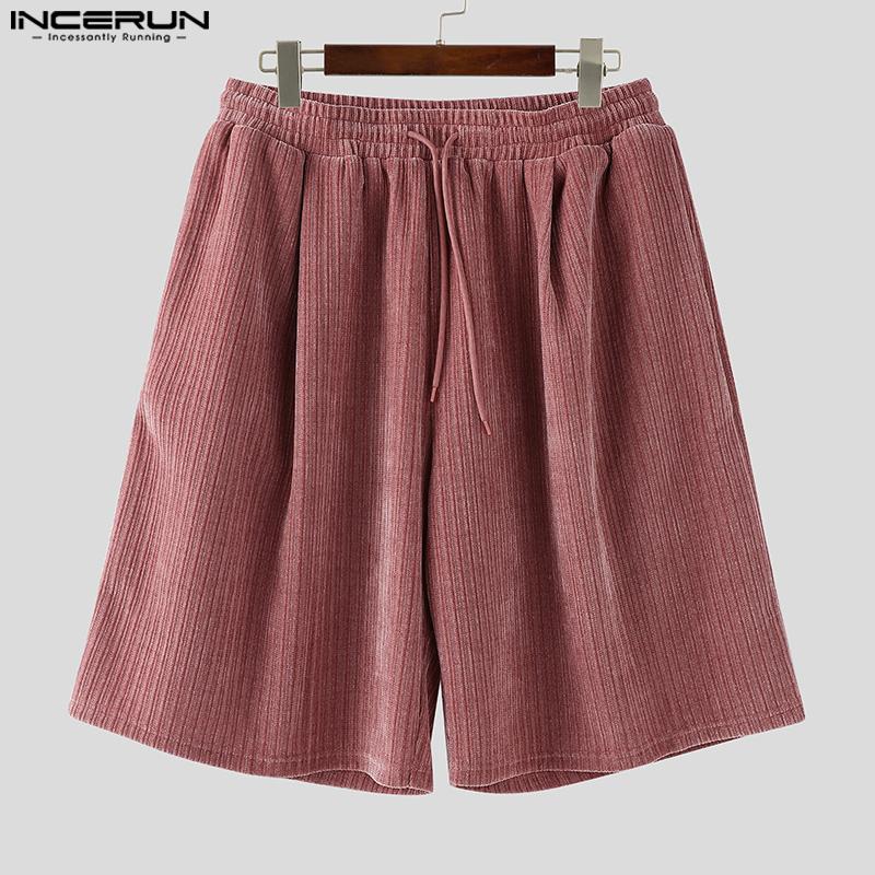 INCERUN Men Elastic Waist Corduroy Casual Shorts Half Pants