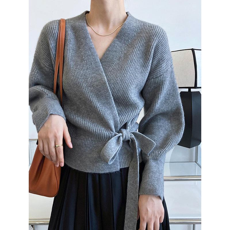 Advanced Sweater Knitwear Women Knitted Cardigan Fall Winter Tie V-neck Sweet Short Long-sleeved Knitted Tops