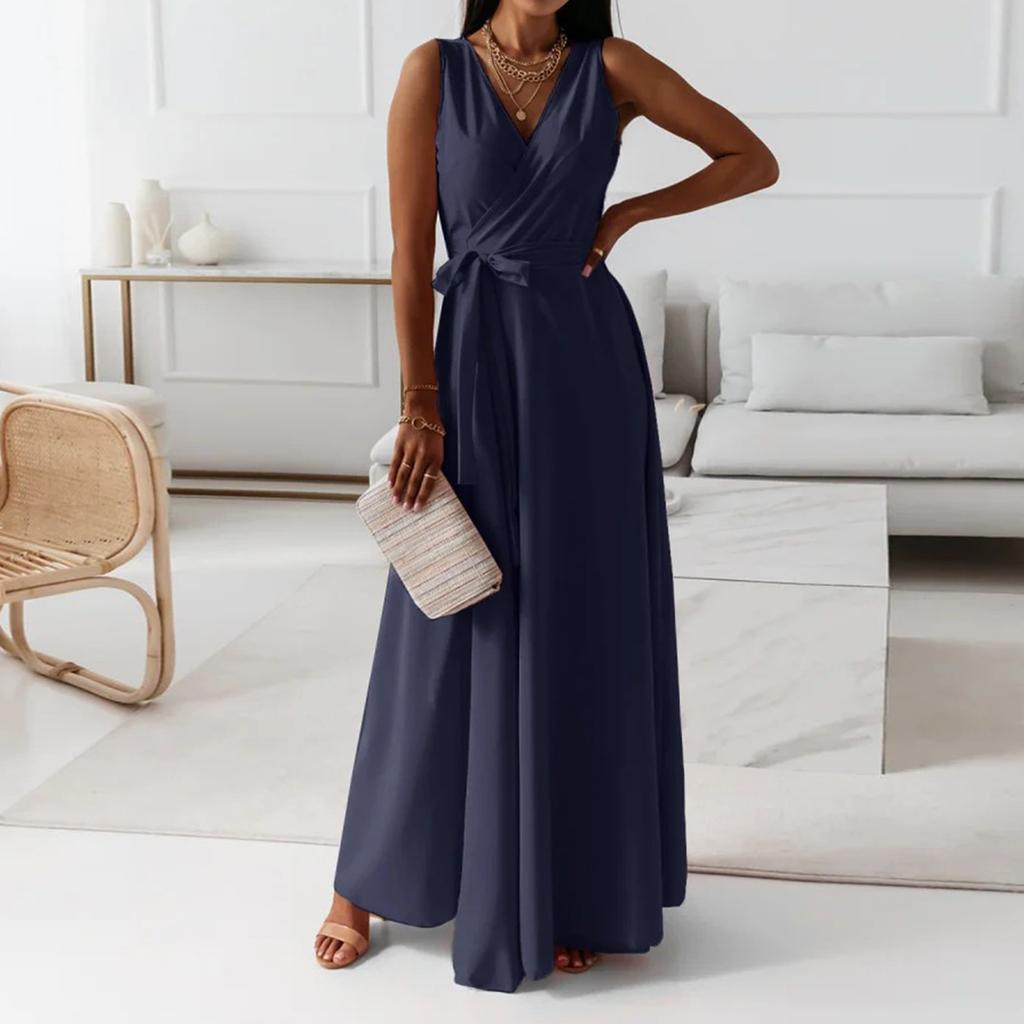 Women's V-neck Sleeveless Belt Evening Long Dress For Women