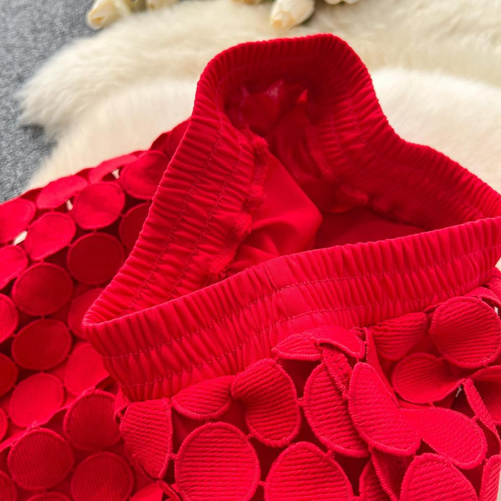 DIMANAF 2025 Neue Rock Frauen Stricken Spitze Lange Urlaub Solide Aushöhlen Sexy Dot Sommer Stil Lose Grundlegende Kleid