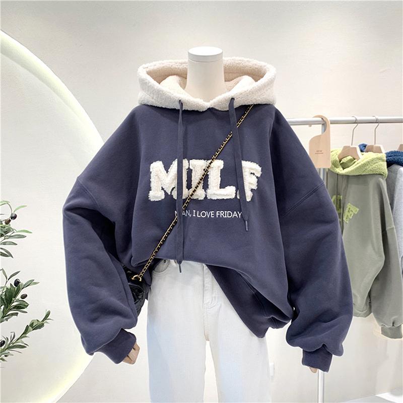 Autumn Winter Women's Patchwork Oversize Sweatshirt Casual Loose Cotton Thick Letter Printing Embroidery Long Sleeve Loose Hoodies Female Streetwear