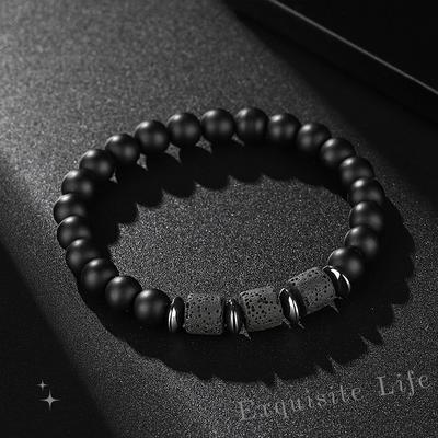 Volcanic Stone Lava Square Bracelet Men and Women Trendy Cool Niche Design Single Circle Elastic Rope Bead Bracelet