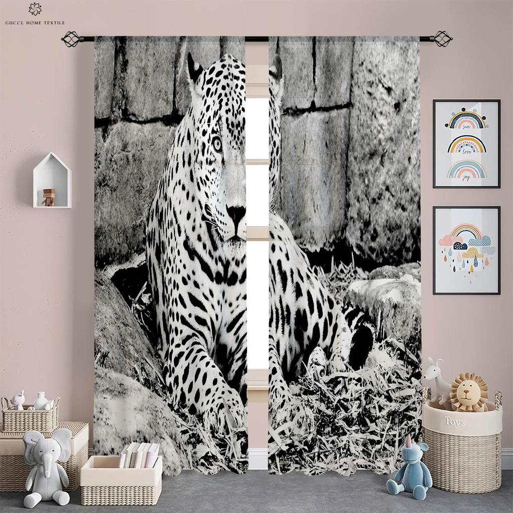 Tiger Cheetah Animal 3D Printing Curtains, Polyester Fiber, Bedroom, Living Room, Study, Kitchen, Window Decoration, 2 Pcs