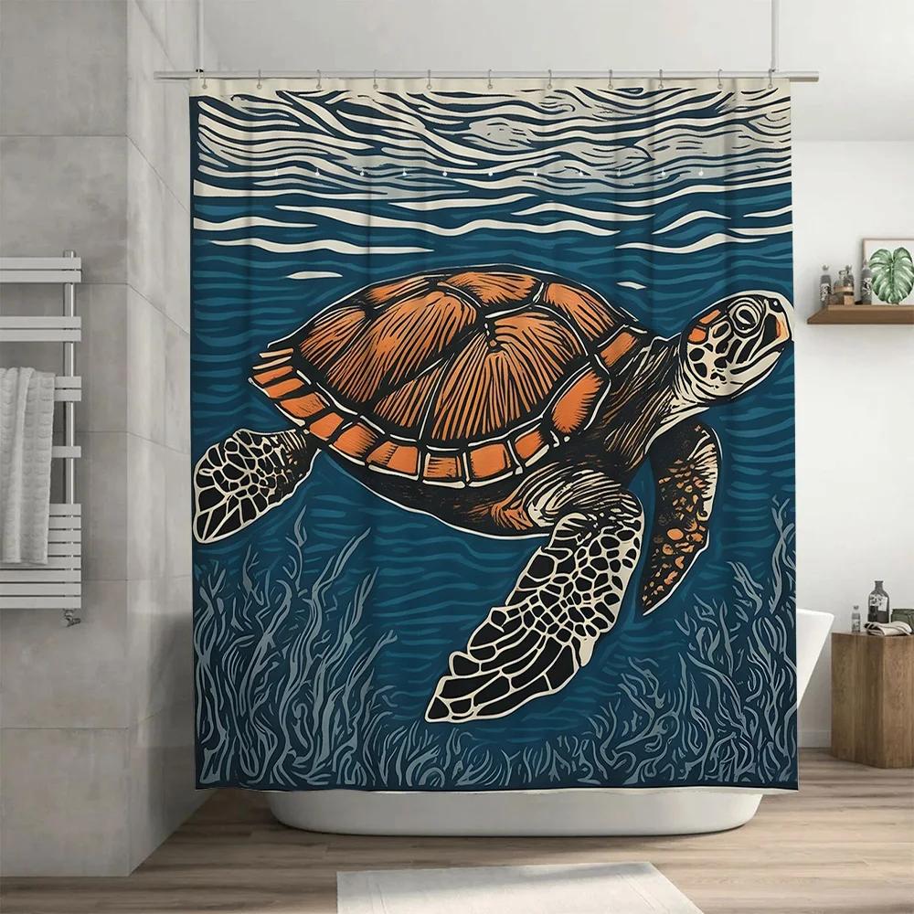 Colorful Sea Turtle Shower Curtain Bath Decor Artistic Design Modern Decoration For Bathroom Blue And Orange Turtles Pattern