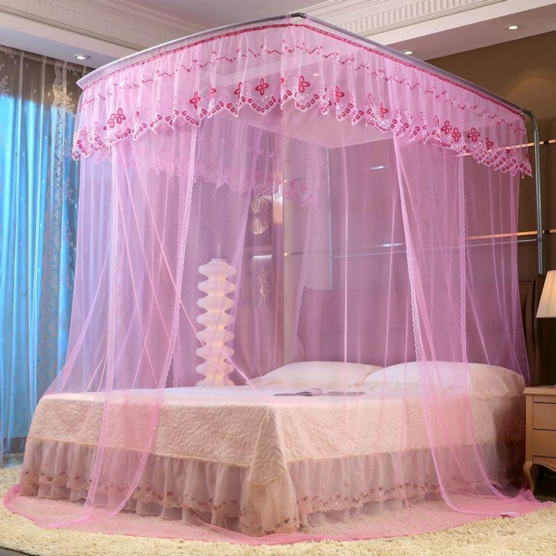 Palace Style Floor-Standing U-Shaped Double Bed Mosquito Net, Retractable with Three Doors, Dense Mesh, Sturdy Stainless Steel Support.