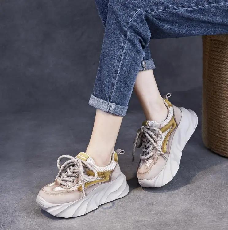 Fashion 5.5CM Women Mixed Colors Genuine Leather Spring Casual Sneakers Lace-Up Air Mesh Thick Sole Wedges College Style Platform Shoes