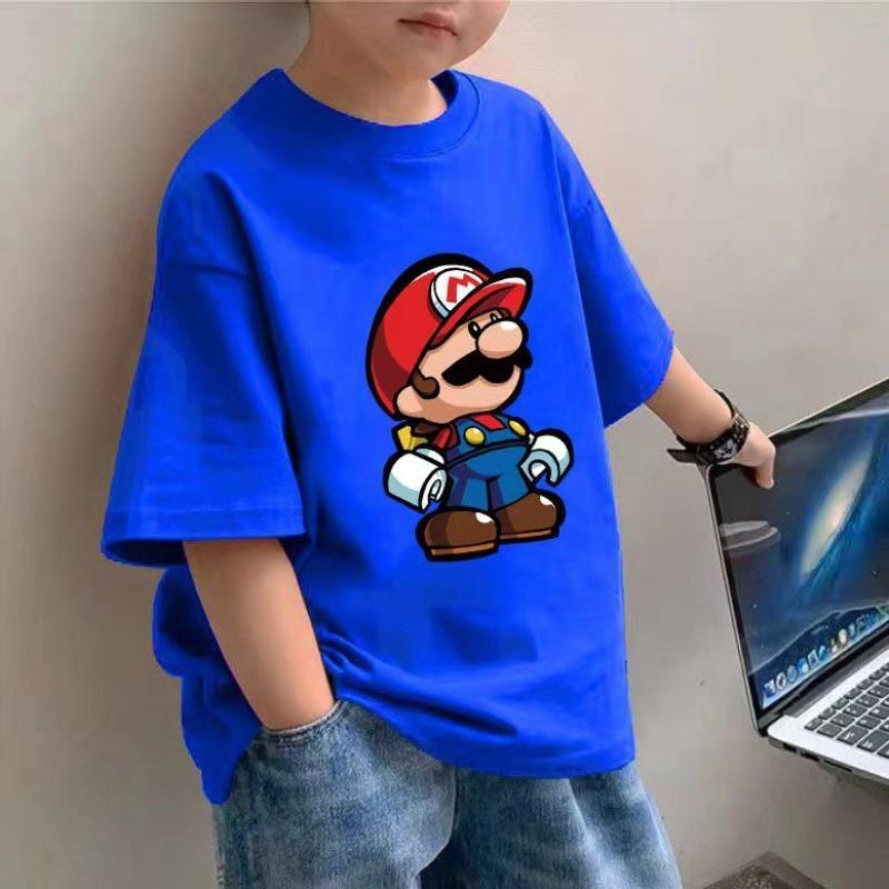 Children's T-shirt Trendy Mario Print Pure Cotton Loose Casual Round Neck Parent-child Short Sleeved 2026 Summer New Item
