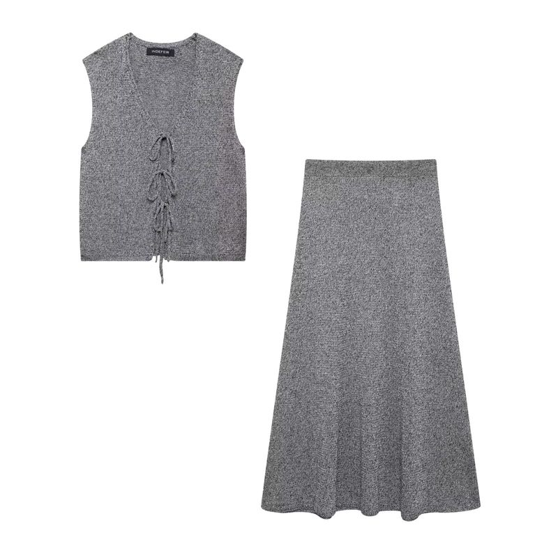 Kaslead New Arrival Women's Clothing Fashion Style Bow Tie Knitting Vest Cardigan Horn Skirt Suit