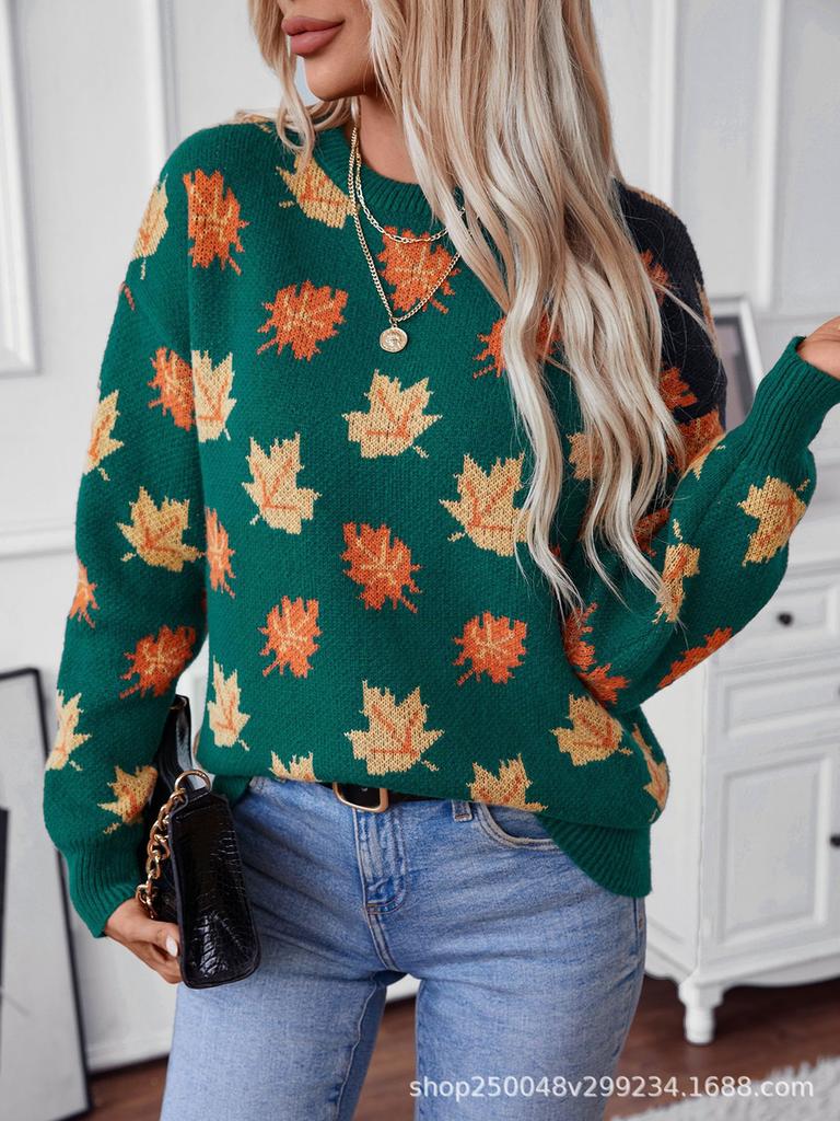 Autumn Leaf Pattern Knit Sweater for Women
