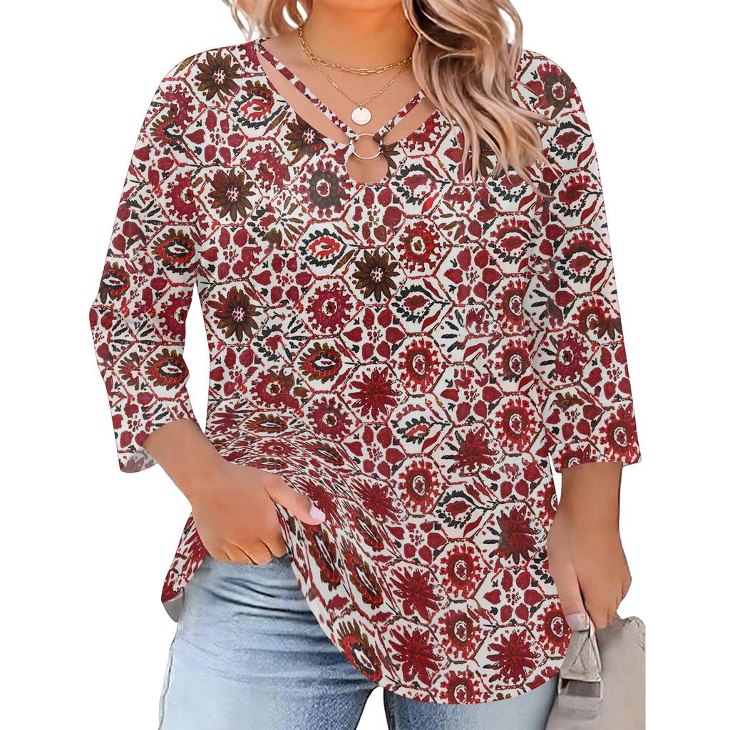 Blusa Floral Feminina Plus Size com Manga Três Quartos, Blusa Casual, Túnica de Corte Amplo para Primavera Verão, Uso Diário, Trabalho e Saídas
