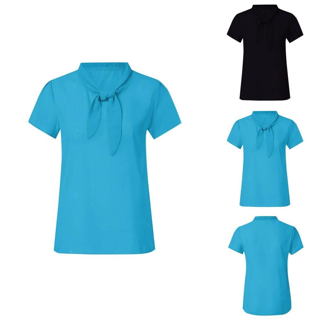 Elegant Women Short Sleeve Bow Chiffon T Shirt Blouse With Breathable Comfort For Ladies