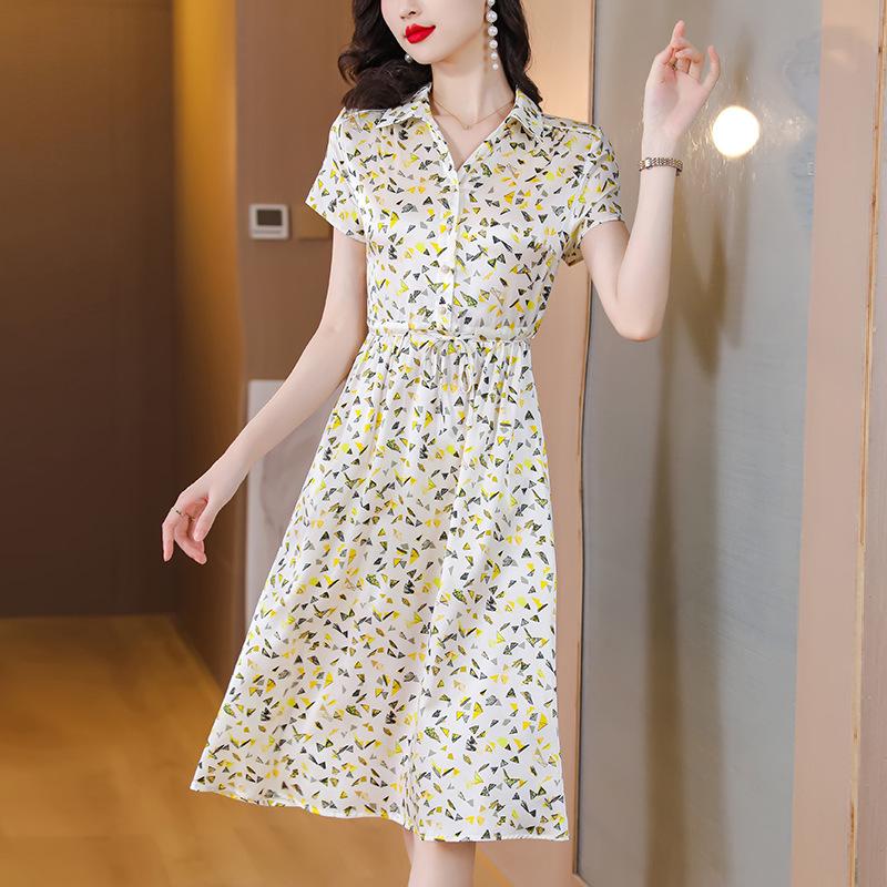 

Premium Plus Size Age-Defying Silk Dress for Middle-Aged Women - Short-Sleeve Waist-Cinched Summer Wear 3XL жёлтый
