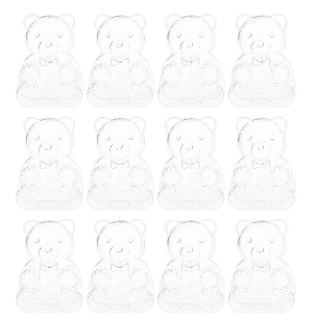 Sett med 12 bjørneformede godteribeholdere klare plastoppbevaringsbokser for godteri med lokk gjennomsiktig smykkeemballasjeetui