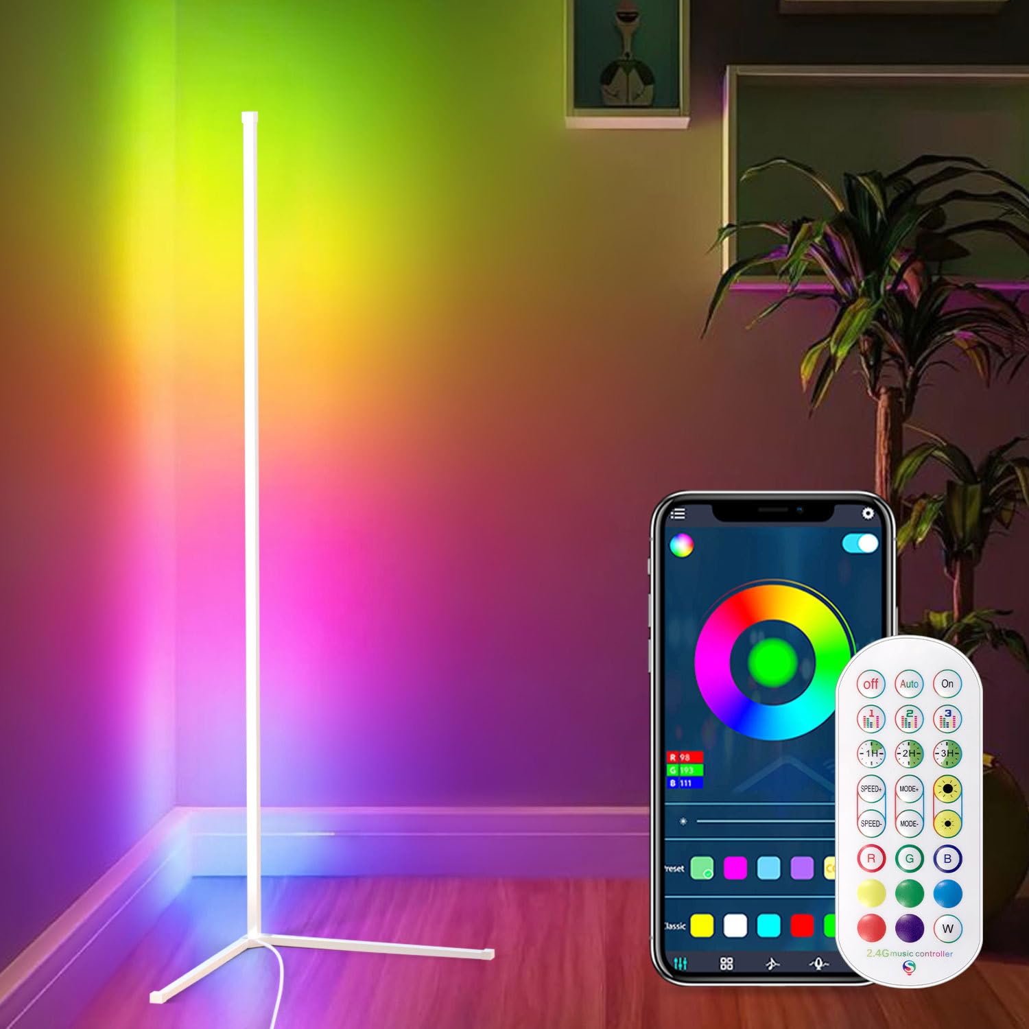 

Aerlife RGB Floor Lamp with Remote Control, USB Powered, 142cm Tall, Stylish LED Stand Light with Timer Function, Suitable for Bedrooms, Corner