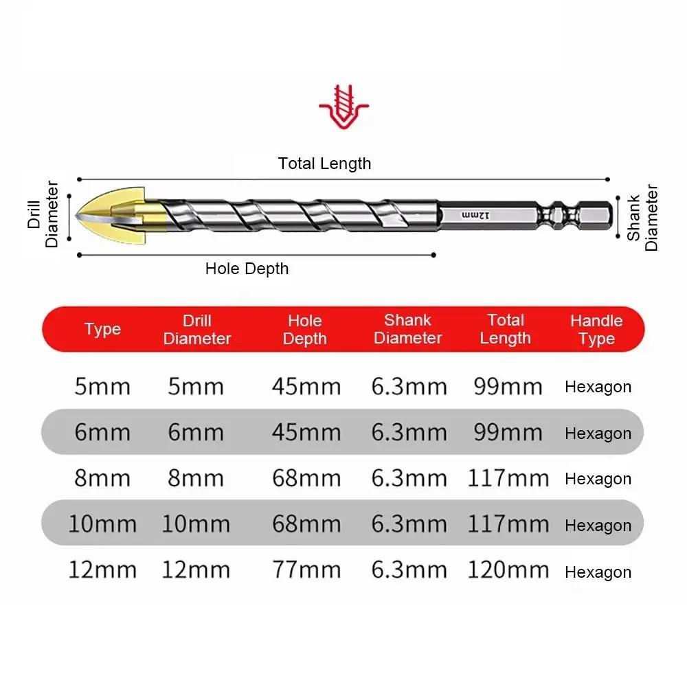 1 ks Čtyřbřitý křížový ozubený vrták Šestihranná rukojeť Slitinová ocel Nástroj na vrtání dlaždic 5-12 mm Excentrický vrták