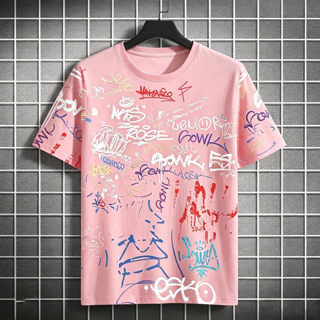 Colorful graffiti letter all-over print  crew neck short-sleeved T-shirt, skateboarding hip-hop casual short-sleeved shirt.