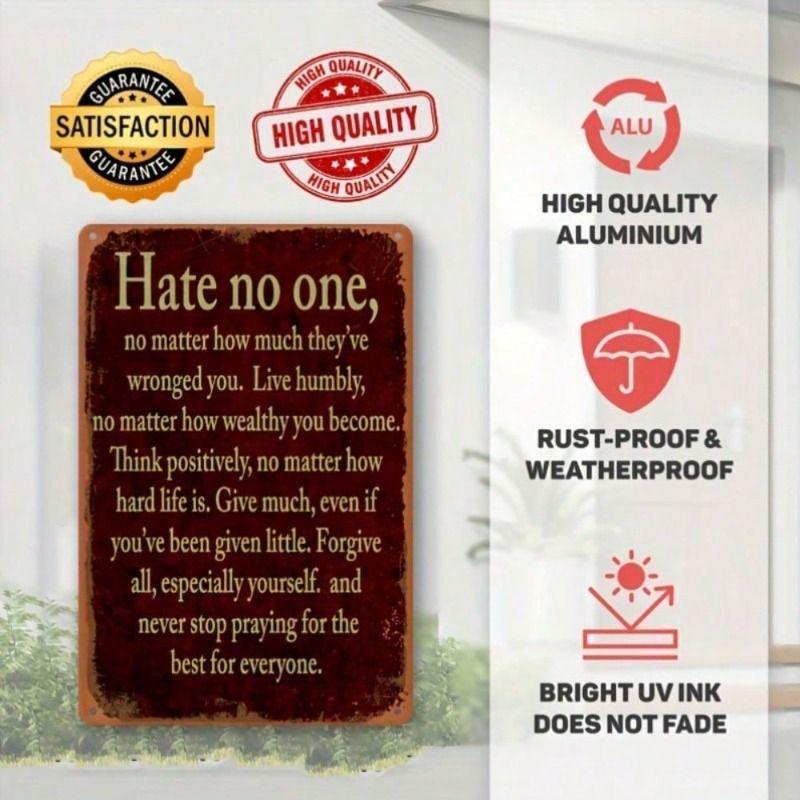 Vintage Metal Poster Wall Art, Motivational Quote Sign Hate No One for Home Decor