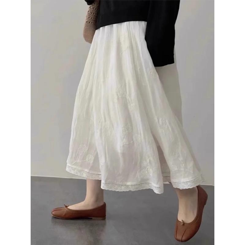 Женская летняя фактурная хлопковая юбка с высокой талией, карманами, миди S белый