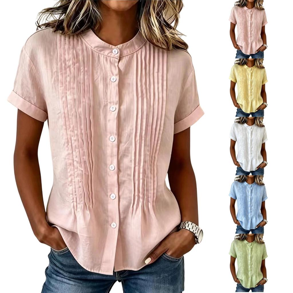 Moda Estiva Donna Camicia con Bottoni Frontali Manica Corta Collo Rialzato Tinta Unita Blusa Casual Top Leggero Traspirante