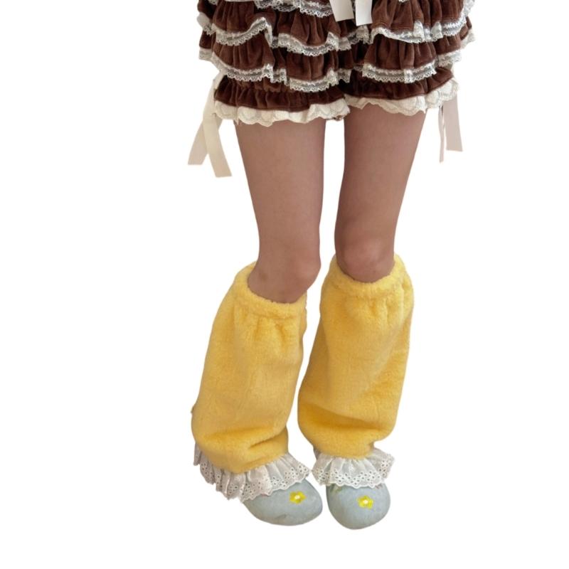 Elegant Ruffle Lace Trimmed Leg Sleeves Fleece Plush Cold Weather Essential Leg Warmers For Women's Fashion Long Socks