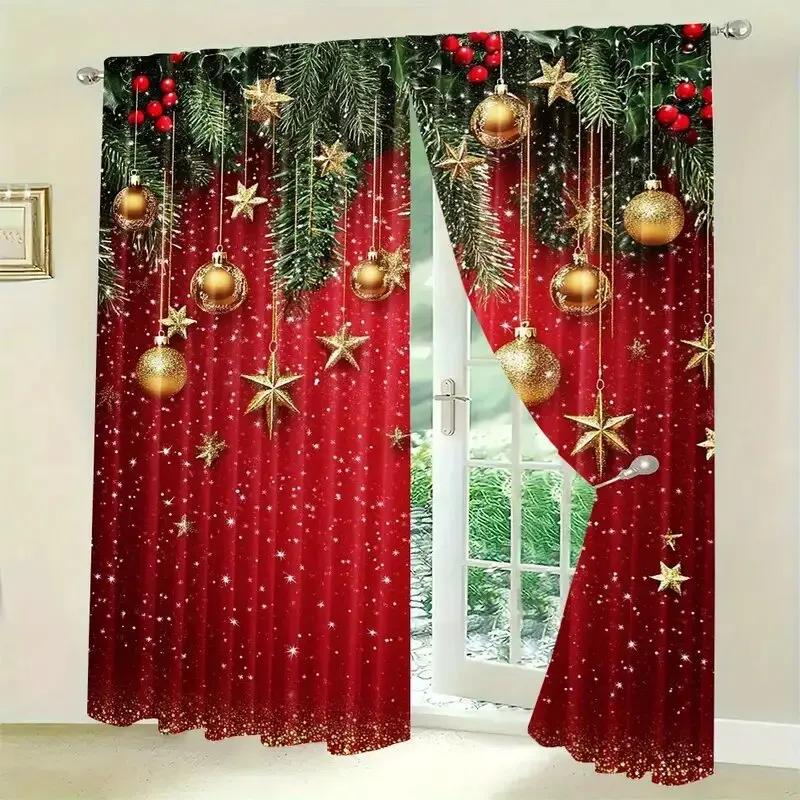 Set Of 2 Christmas Curtains Festive Red Polyester Printed Home Decoration Room Curtain