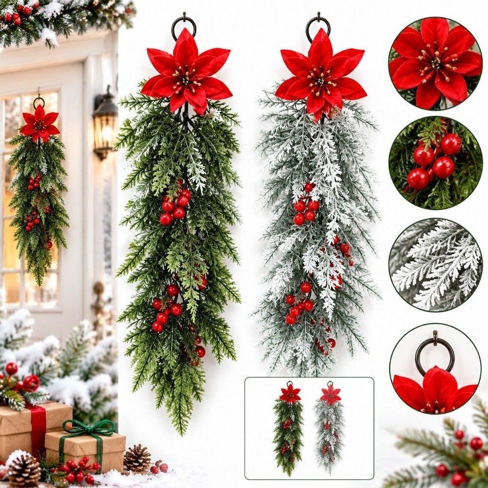 Flexible Branch Christmas Artificial Cedar Needle Red Berry Poinsettia Decor  Mantel Display