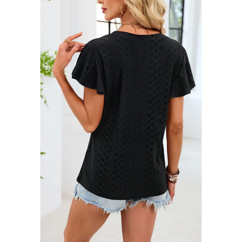 Summer Women's Solid Color V-neck Loose Short Sleeve T-shirt Double Layer Sleeve Casual Top for Europe USA Cross-border