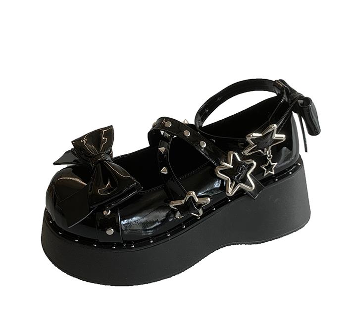 Fashion Punk Goth Chunky Platform Pumps Women 2025 Autumn Bowtie Wedges Mary Jane Lolita Shoes Woman Heart Ankle Buckle Black Shoes