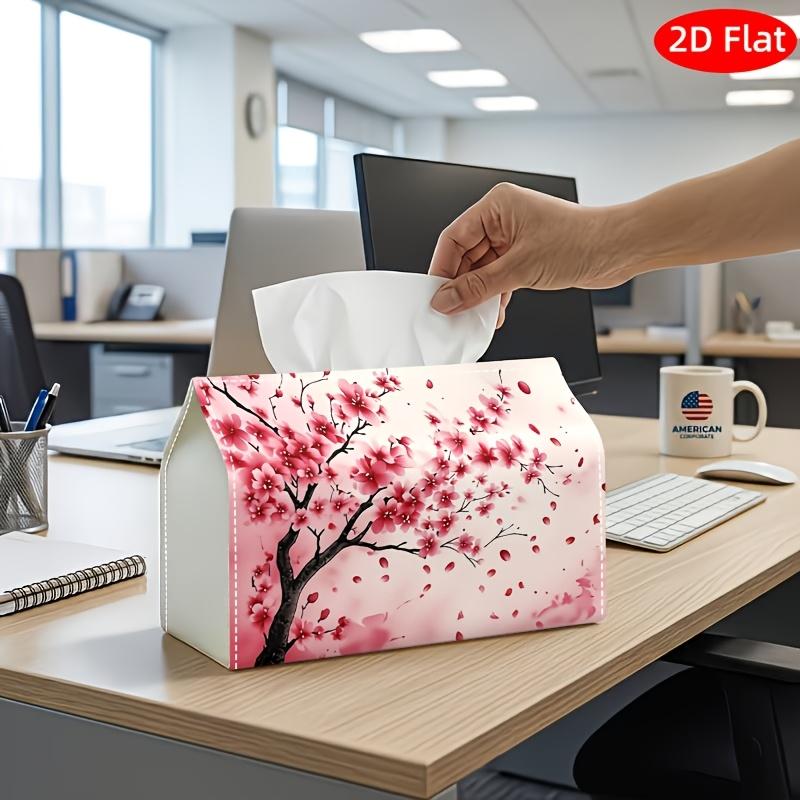 2D Flat, 1pc Tissue Box, Printed on Both Sides, Pink Cherry Blossom Tree Tissue Box Holder with Falling Petals, a Multifunctional Napkin Dispenser Sui