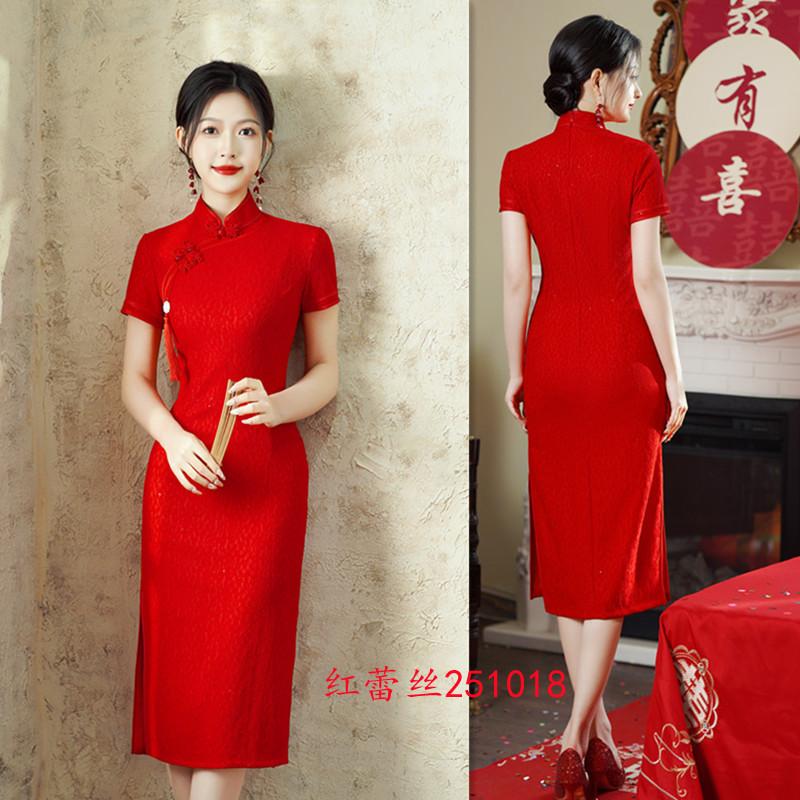 Red lace medium and long short-sleeved engagement cheongsam, summer new retro national style, young women's wedding cheongsam