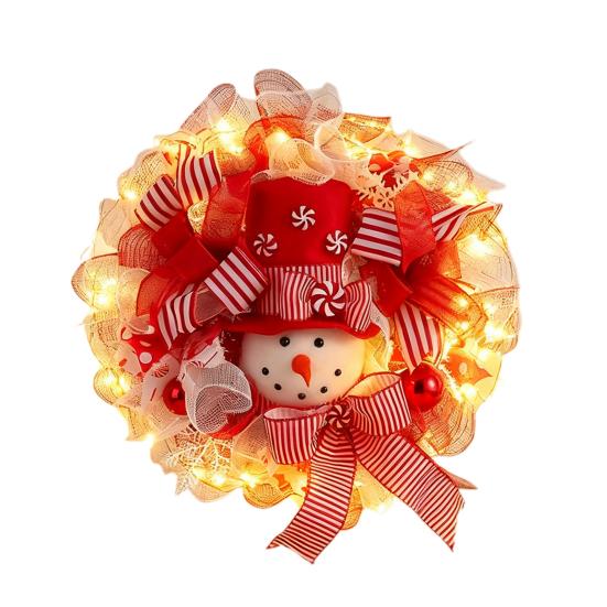 Christmas Snowman Wreath for Front Door Light Up Red/Blue Mesh Ribbon Candy Cane Wreath with Snowman Doll for Winter Home Wall Decor