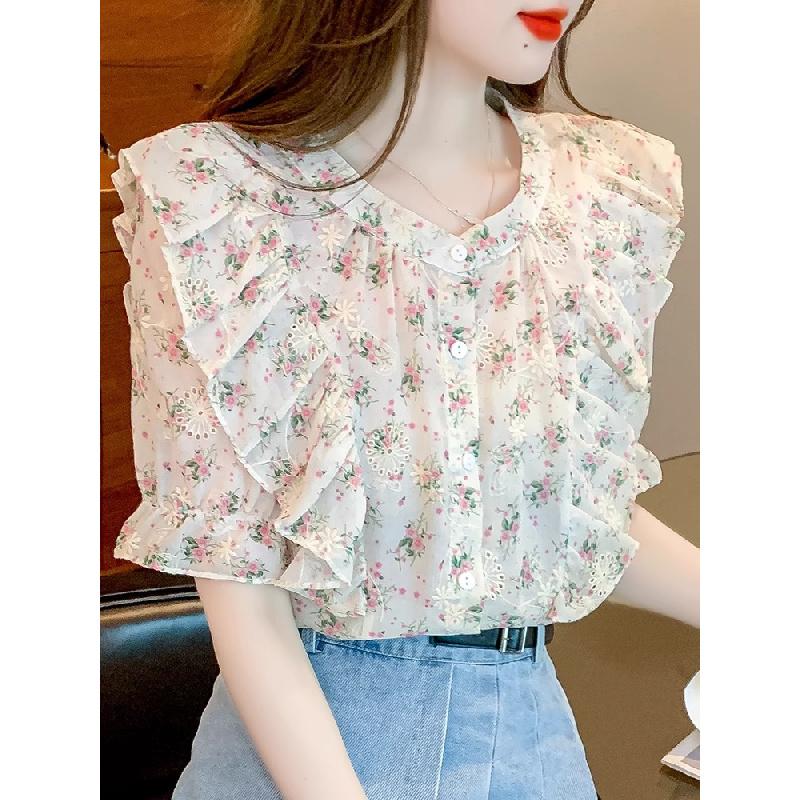 Ruffled floral chiffon blouse for women, summer 2026, sweet and elegant short-sleeved casual top