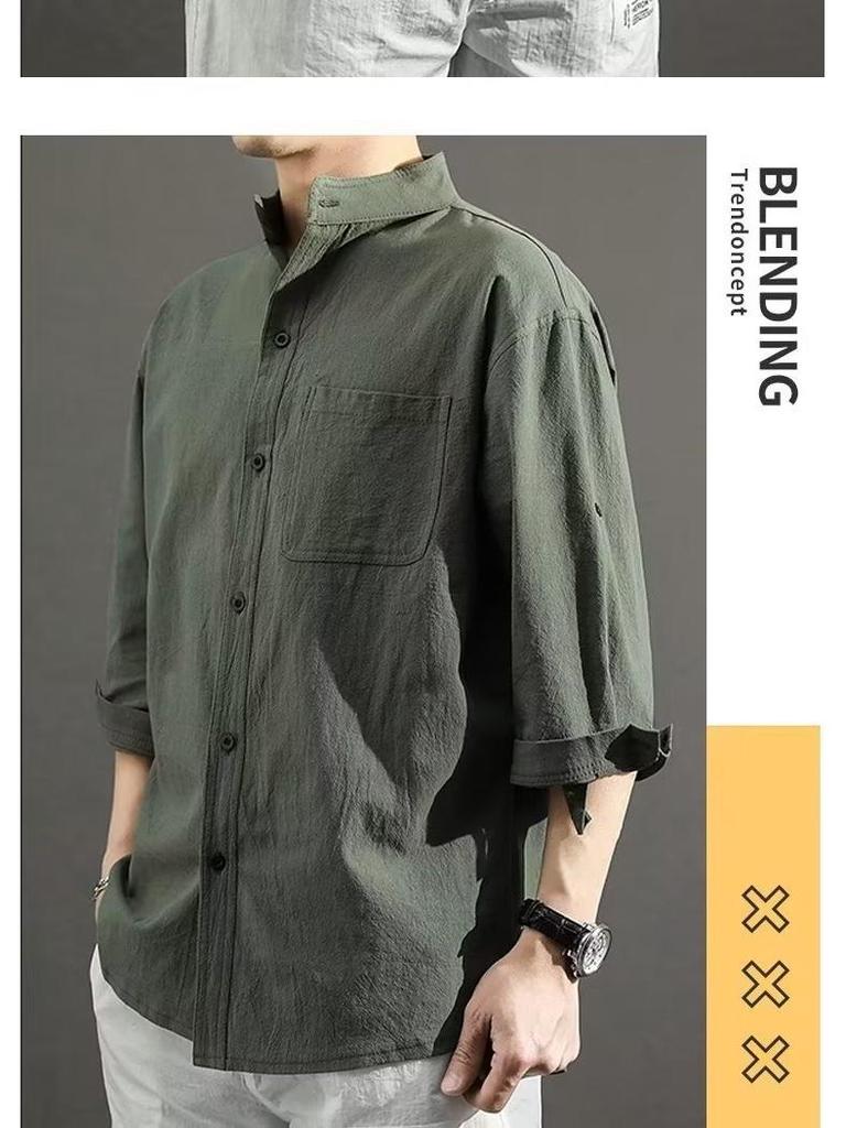 2024 Men's Japanese-Style Casual Stand Collar Shirt - Three-Quarter Sleeve, Loose Fit, Cotton & Linen