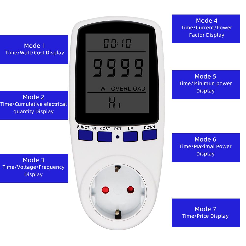 220V Digital LCD Power Meter Wattmeter Socket Wattage Kwh Energy Measuring Outlet EU Plug Overload Protection 7 Display Models