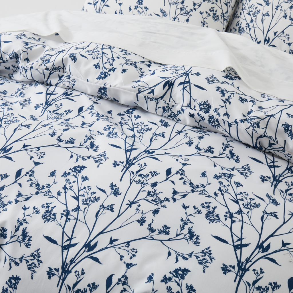 Floral Duvet Cover Set Queen Reversible Blue and White Flower Branches Leaf Print Comforter Cover Vintage Farmhouse Bedding Set