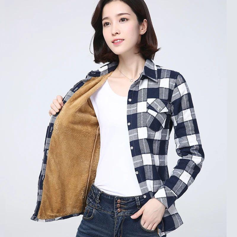 Winter Damen Warm Plaid Shirt Mantel Casual Fleece Samt Plus Dicke Tops Marke College Stil Frau Kleidung Oberbekleidung