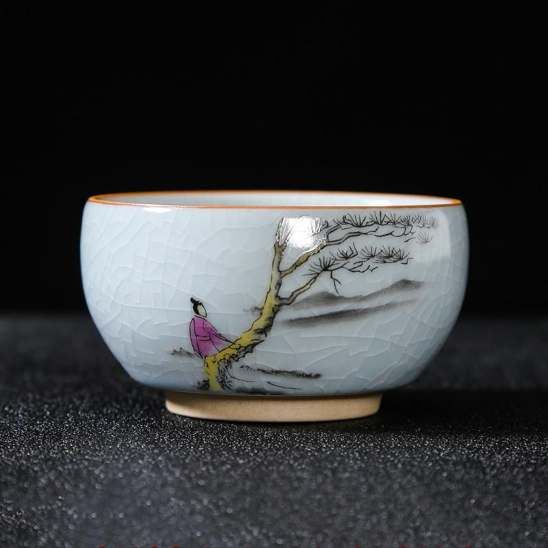 Boutique Ru Kiln Ceramic Teacup Hand Painted Flowers Meditation Cup Travel Tea Bowl Tie Guanyin Pu'er Master Cup Tea set Gifts