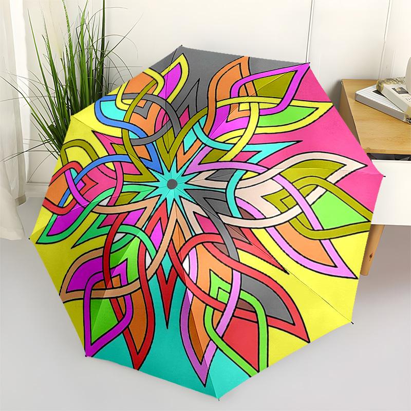 1pc Colorful Mandala Pattern Automatic Folding Umbrella - Portable 3-Fold Design, 8-Rib Iron Frame Outdoor Umbrella, Ideal Gift for Fans, Travelers, D