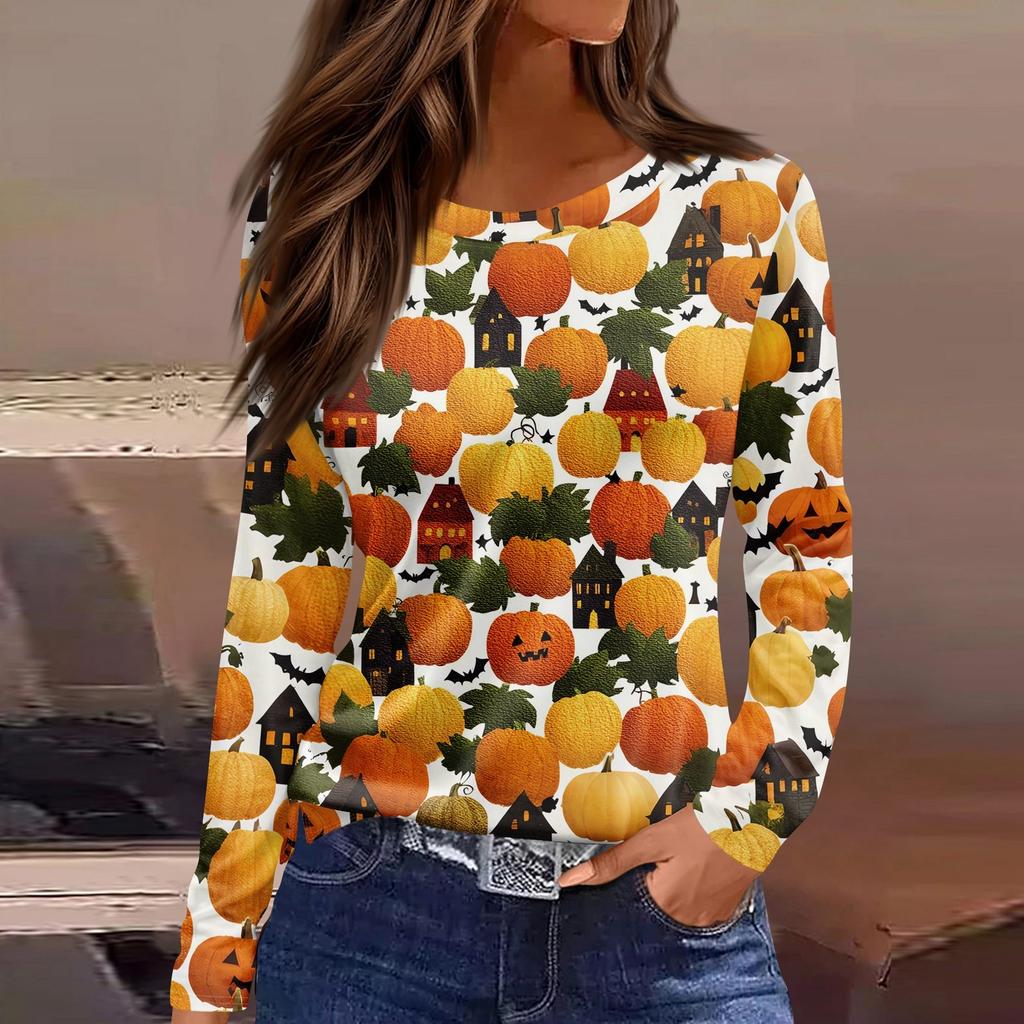 Women's Fashion Casual Slit Hem Round Neck Long Sleeve Loose Halloween Printed T-Shirt Ladies Top