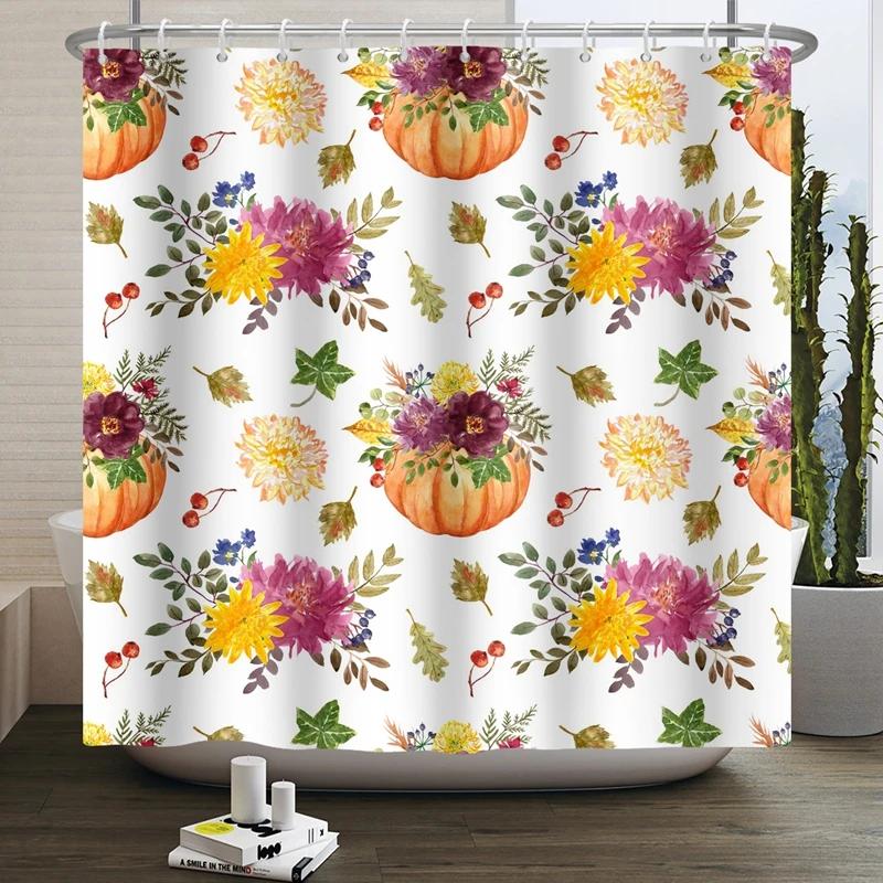Hello Fall Shower Curtain Autumn Maple Leaves Pumpkin Bathroom Decor Polyester Fabric Cloth Shower Curtain With Hooks Room Decor
